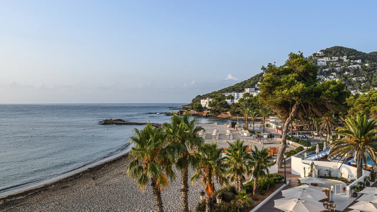 Strand Santa Eulalia del Rio op Ibiza met palmbomen en zee