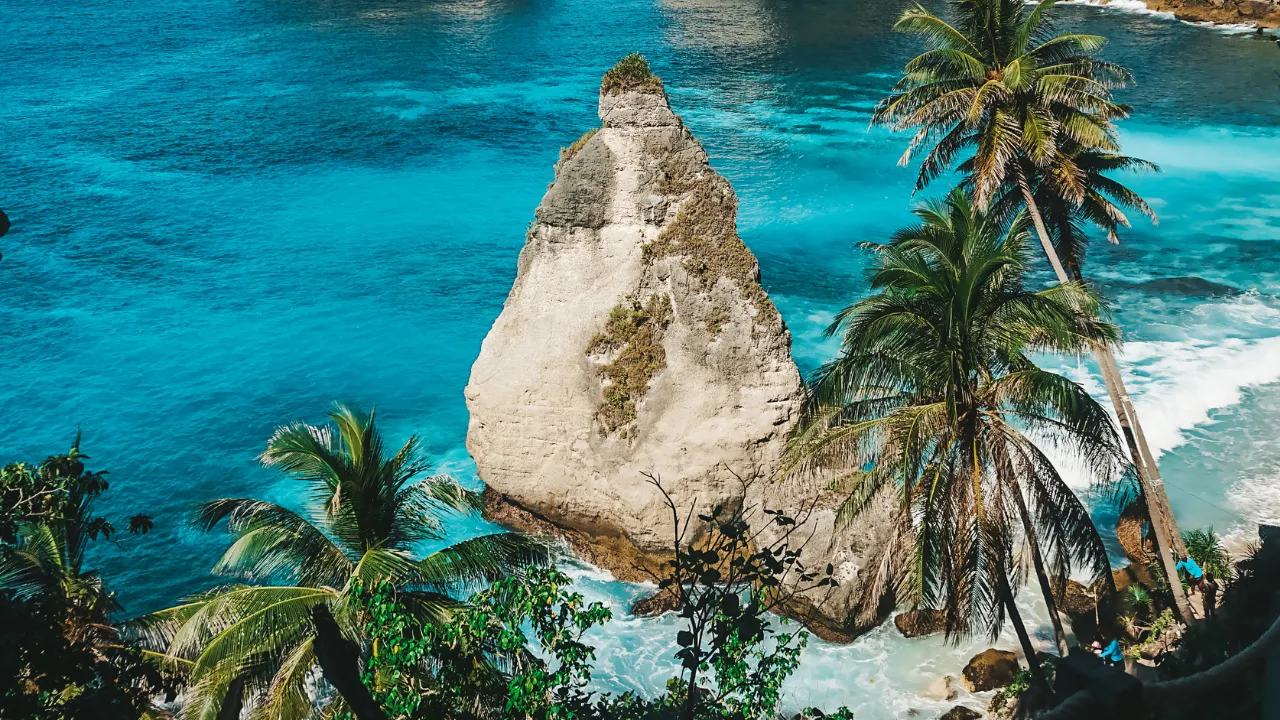 Strand van Bali met rotsen en palmbomen