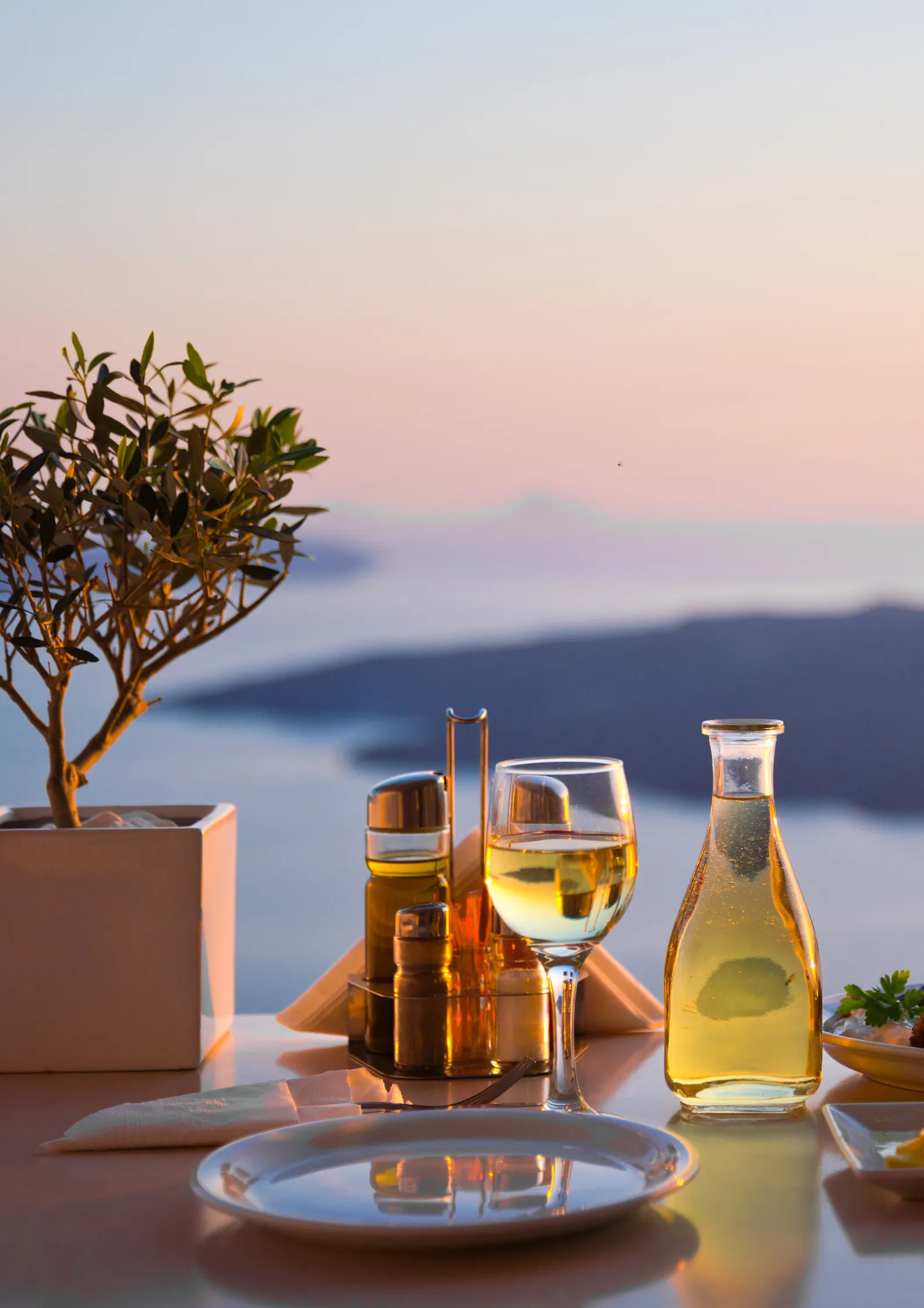 Gedekte tafel met een kleine olijfboom, de zee en een klein eiland op de achtergrond